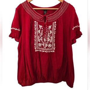 Style & Co. Red Blouse with White Embroidery Size 2x